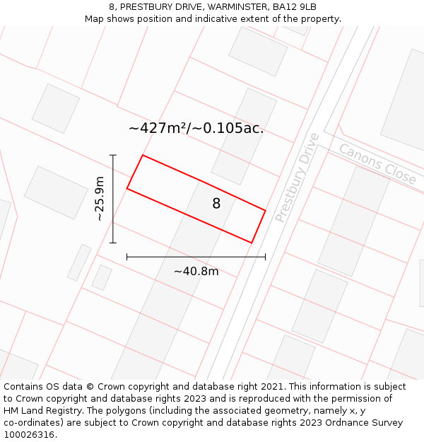 8, PRESTBURY DRIVE, WARMINSTER, BA12 9LB: Plot and title map