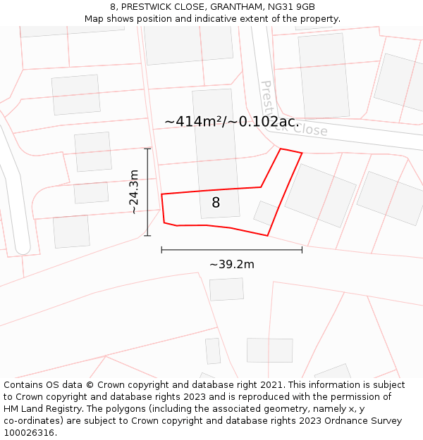 8, PRESTWICK CLOSE, GRANTHAM, NG31 9GB: Plot and title map