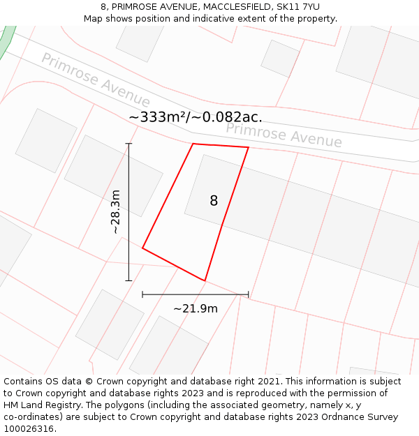 8, PRIMROSE AVENUE, MACCLESFIELD, SK11 7YU: Plot and title map