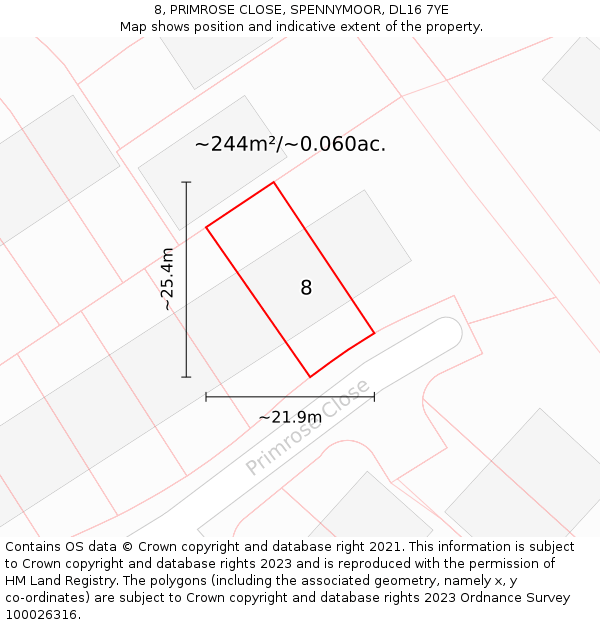 8, PRIMROSE CLOSE, SPENNYMOOR, DL16 7YE: Plot and title map