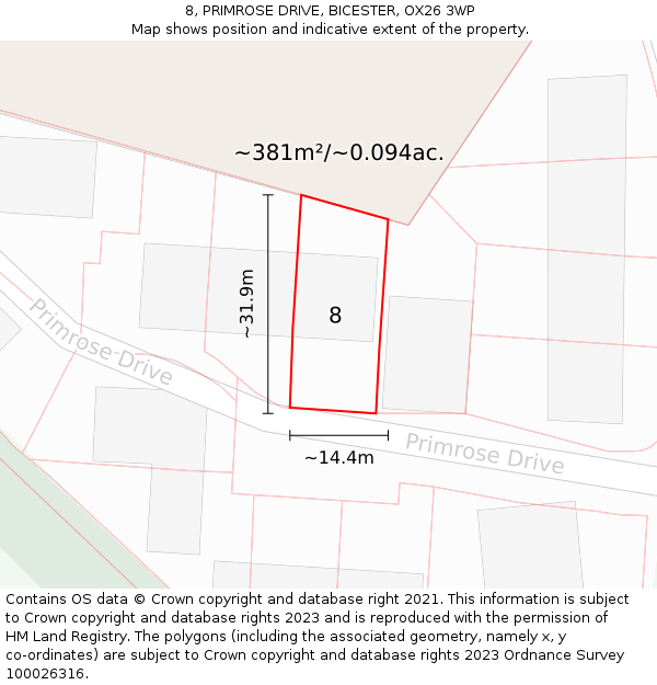 8, PRIMROSE DRIVE, BICESTER, OX26 3WP: Plot and title map