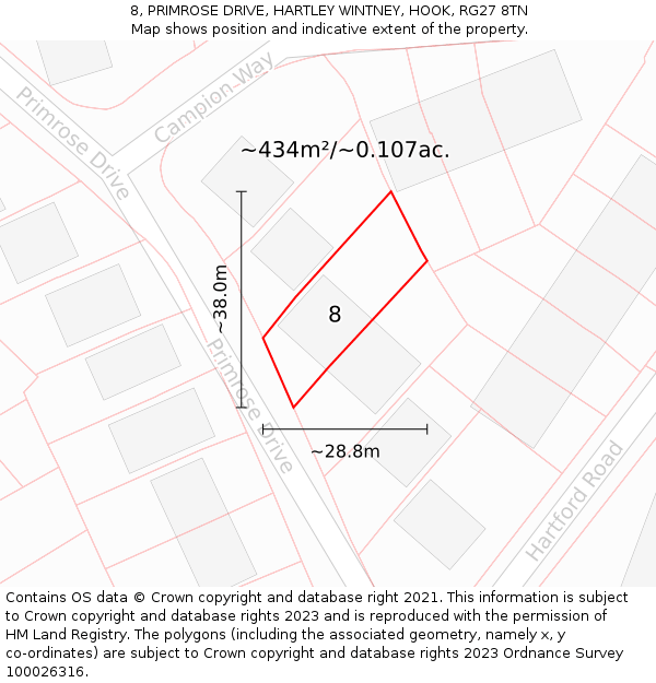 8, PRIMROSE DRIVE, HARTLEY WINTNEY, HOOK, RG27 8TN: Plot and title map