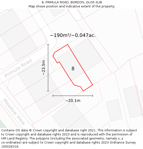 8, PRIMULA ROAD, BORDON, GU35 0UB: Plot and title map