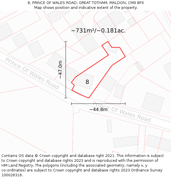 8, PRINCE OF WALES ROAD, GREAT TOTHAM, MALDON, CM9 8PX: Plot and title map