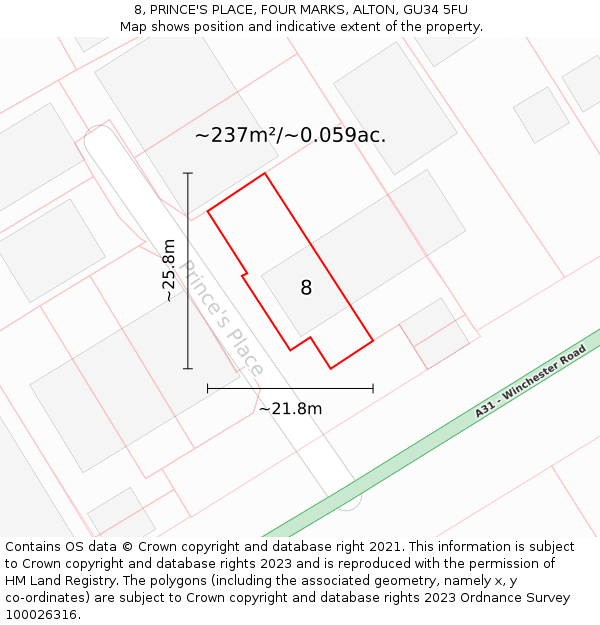 8, PRINCE'S PLACE, FOUR MARKS, ALTON, GU34 5FU: Plot and title map