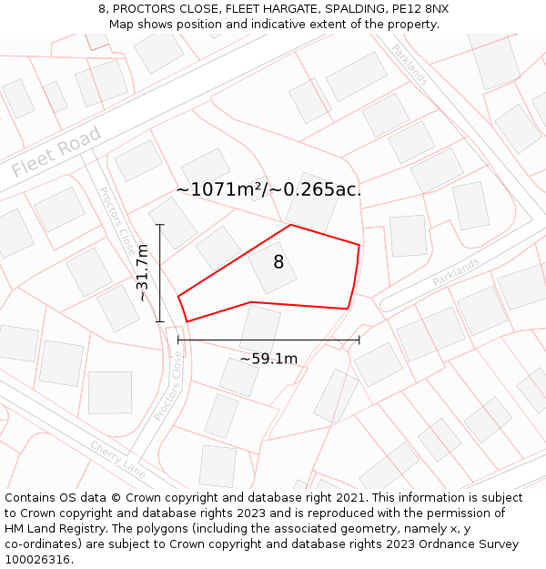 8, PROCTORS CLOSE, FLEET HARGATE, SPALDING, PE12 8NX: Plot and title map