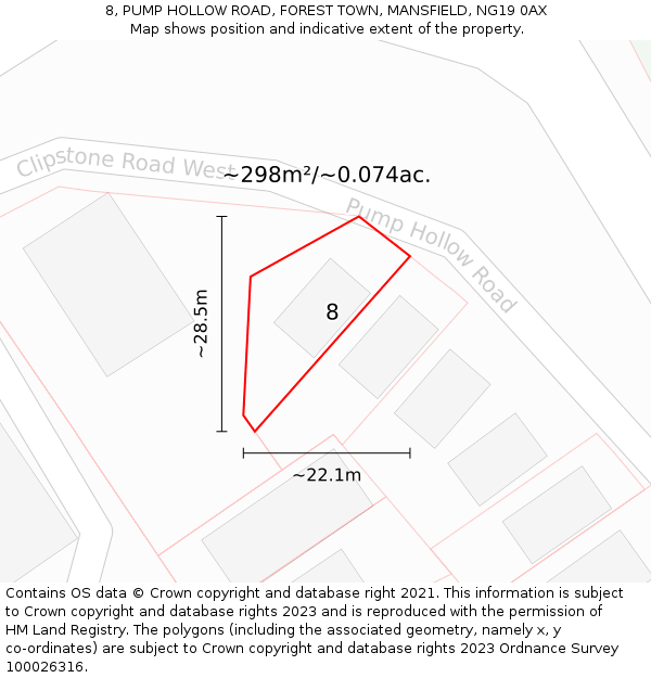 8, PUMP HOLLOW ROAD, FOREST TOWN, MANSFIELD, NG19 0AX: Plot and title map