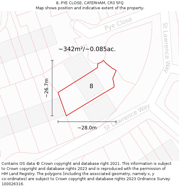 8, PYE CLOSE, CATERHAM, CR3 5FQ: Plot and title map