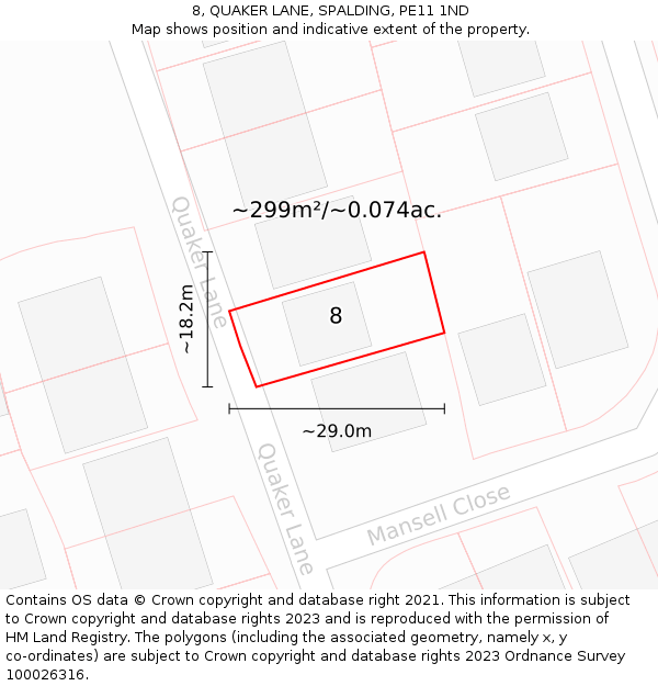 8, QUAKER LANE, SPALDING, PE11 1ND: Plot and title map