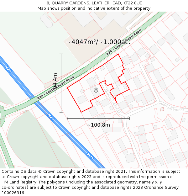 8, QUARRY GARDENS, LEATHERHEAD, KT22 8UE: Plot and title map