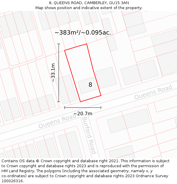 8, QUEENS ROAD, CAMBERLEY, GU15 3AN: Plot and title map