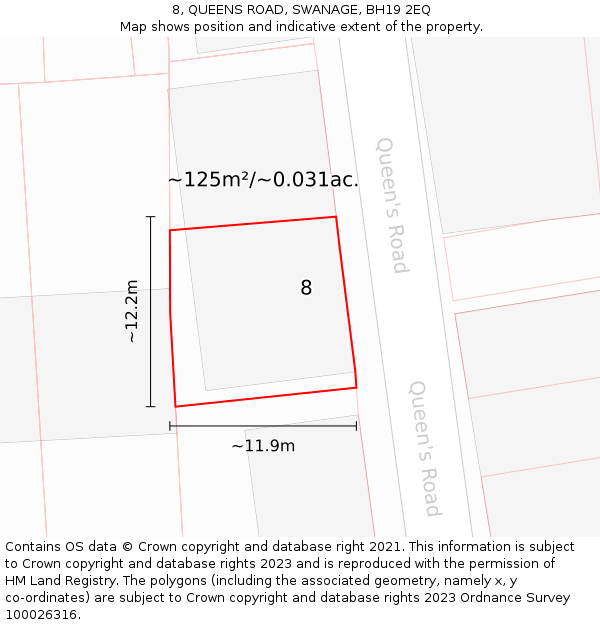 8, QUEENS ROAD, SWANAGE, BH19 2EQ: Plot and title map