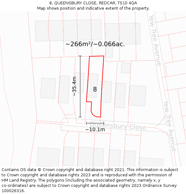 8, QUEENSBURY CLOSE, REDCAR, TS10 4QA: Plot and title map