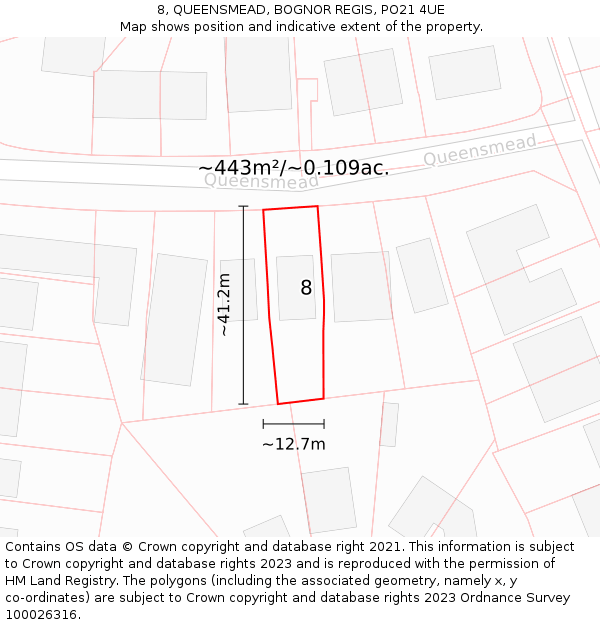 8, QUEENSMEAD, BOGNOR REGIS, PO21 4UE: Plot and title map