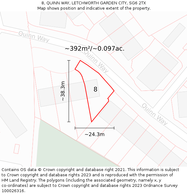 8, QUINN WAY, LETCHWORTH GARDEN CITY, SG6 2TX: Plot and title map