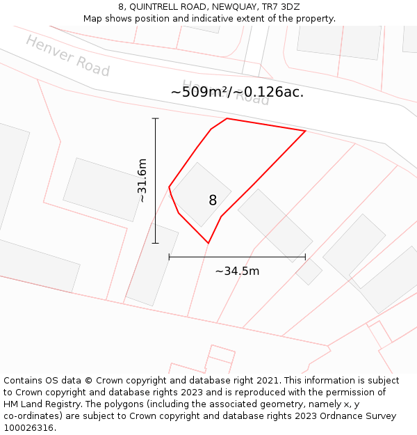8, QUINTRELL ROAD, NEWQUAY, TR7 3DZ: Plot and title map