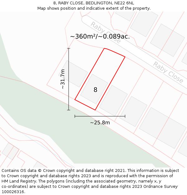 8, RABY CLOSE, BEDLINGTON, NE22 6NL: Plot and title map