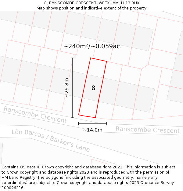 8, RANSCOMBE CRESCENT, WREXHAM, LL13 9UX: Plot and title map