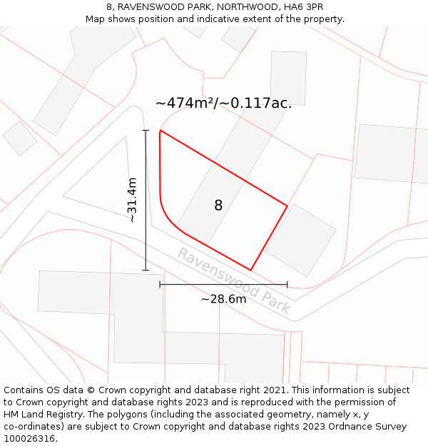 8, RAVENSWOOD PARK, NORTHWOOD, HA6 3PR: Plot and title map