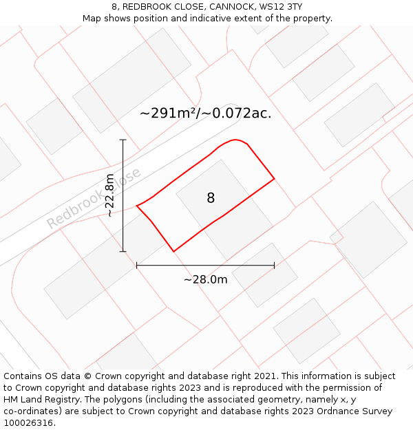 8, REDBROOK CLOSE, CANNOCK, WS12 3TY: Plot and title map