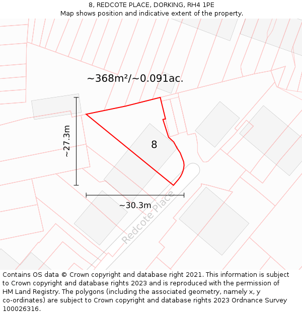 8, REDCOTE PLACE, DORKING, RH4 1PE: Plot and title map