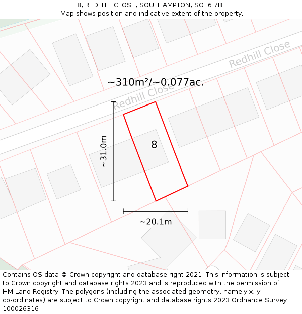 8, REDHILL CLOSE, SOUTHAMPTON, SO16 7BT: Plot and title map