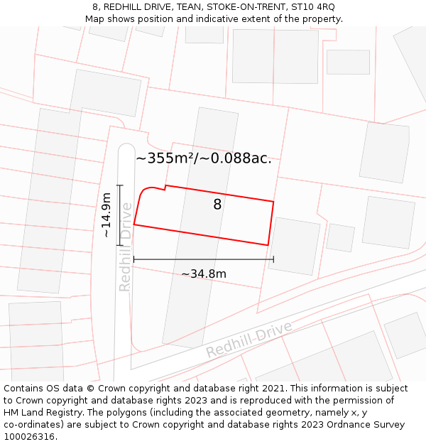8, REDHILL DRIVE, TEAN, STOKE-ON-TRENT, ST10 4RQ: Plot and title map