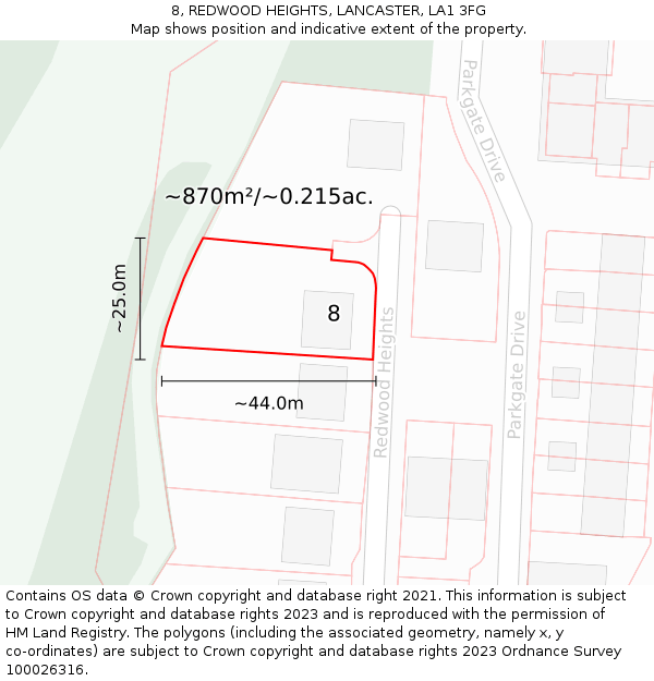 8, REDWOOD HEIGHTS, LANCASTER, LA1 3FG: Plot and title map