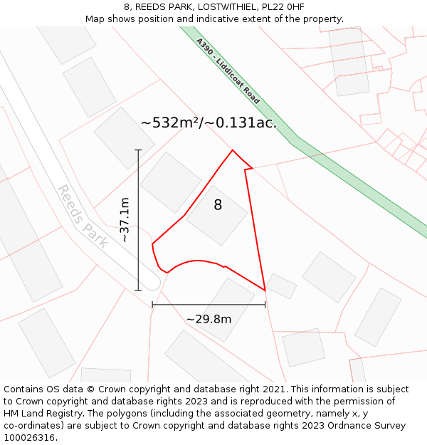 8, REEDS PARK, LOSTWITHIEL, PL22 0HF: Plot and title map