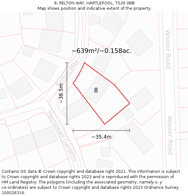 8, RELTON WAY, HARTLEPOOL, TS26 0BB: Plot and title map