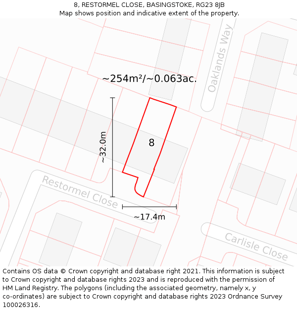 8, RESTORMEL CLOSE, BASINGSTOKE, RG23 8JB: Plot and title map