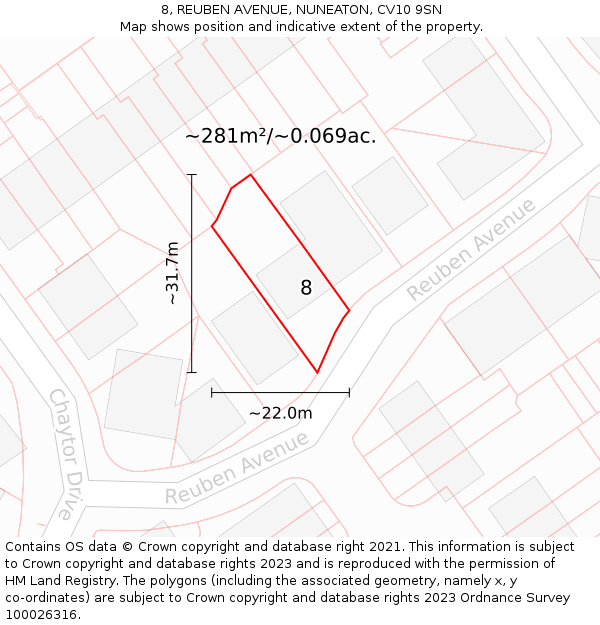 8, REUBEN AVENUE, NUNEATON, CV10 9SN: Plot and title map