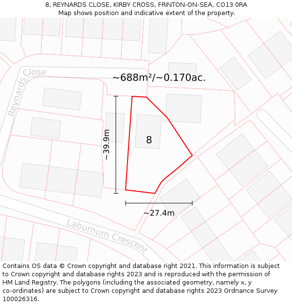 8, REYNARDS CLOSE, KIRBY CROSS, FRINTON-ON-SEA, CO13 0RA: Plot and title map