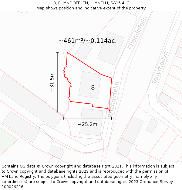 8, RHANDIRFELEN, LLANELLI, SA15 4LG: Plot and title map