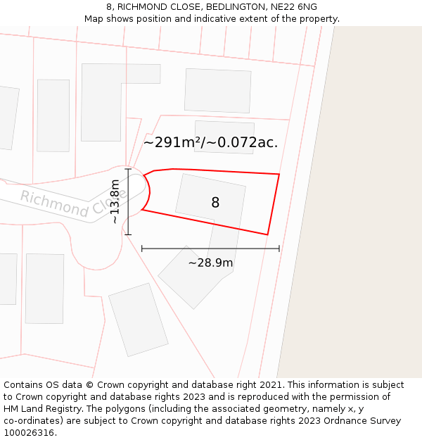 8, RICHMOND CLOSE, BEDLINGTON, NE22 6NG: Plot and title map