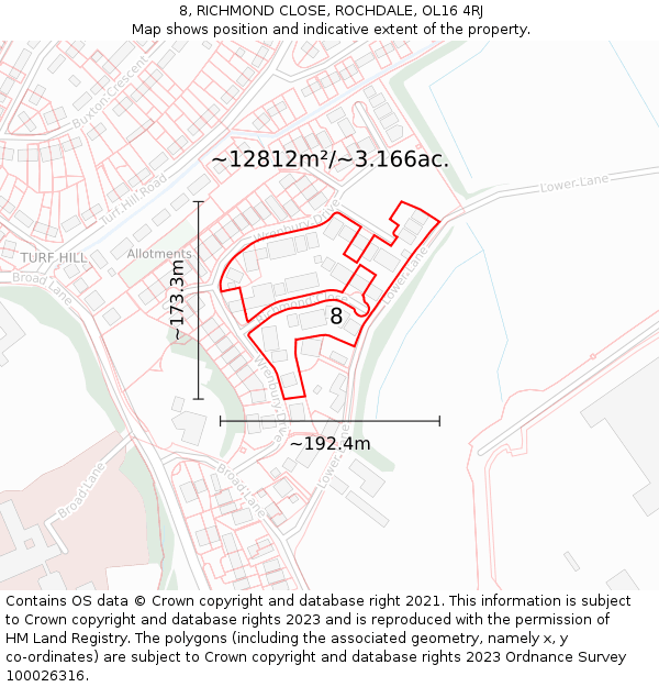 8, RICHMOND CLOSE, ROCHDALE, OL16 4RJ: Plot and title map