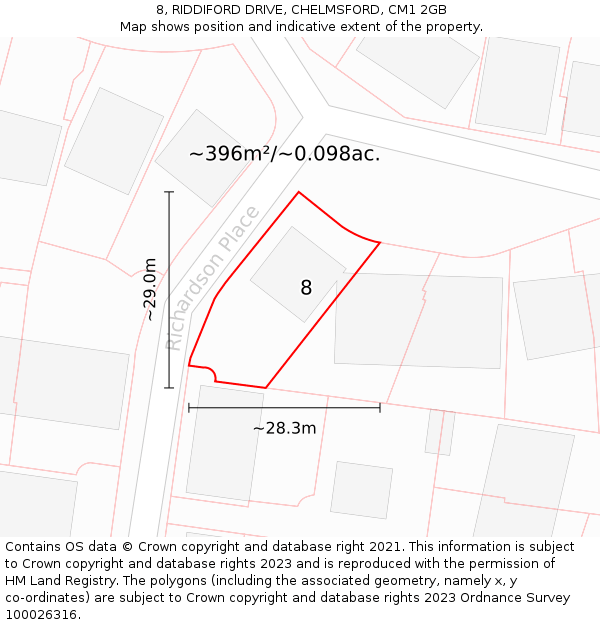 8, RIDDIFORD DRIVE, CHELMSFORD, CM1 2GB: Plot and title map