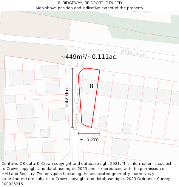 8, RIDGEWAY, BRIDPORT, DT6 3ED: Plot and title map