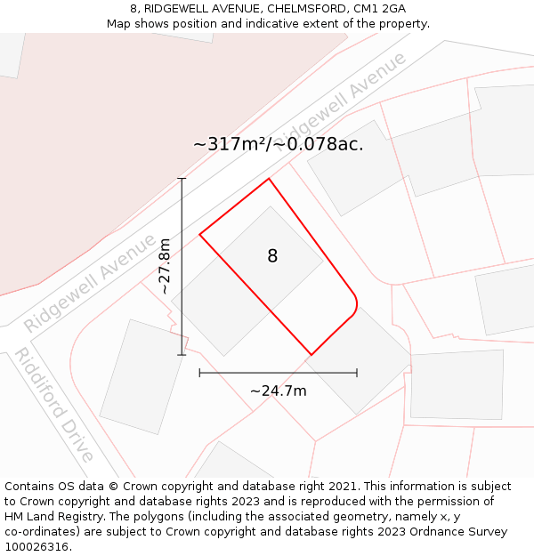 8, RIDGEWELL AVENUE, CHELMSFORD, CM1 2GA: Plot and title map