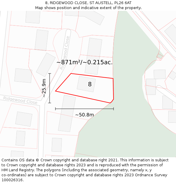 8, RIDGEWOOD CLOSE, ST AUSTELL, PL26 6AT: Plot and title map