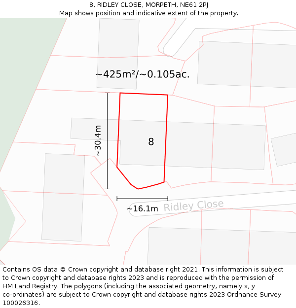 8, RIDLEY CLOSE, MORPETH, NE61 2PJ: Plot and title map