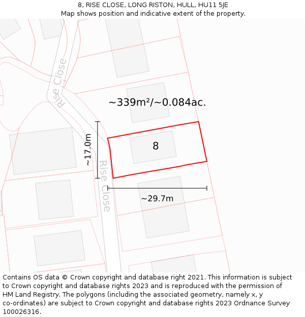 8, RISE CLOSE, LONG RISTON, HULL, HU11 5JE: Plot and title map