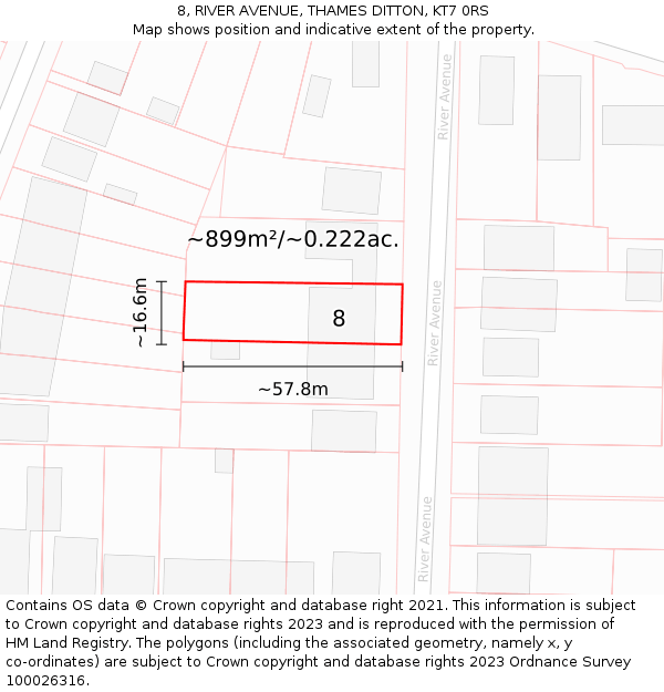 8, RIVER AVENUE, THAMES DITTON, KT7 0RS: Plot and title map