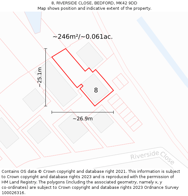 8, RIVERSIDE CLOSE, BEDFORD, MK42 9DD: Plot and title map