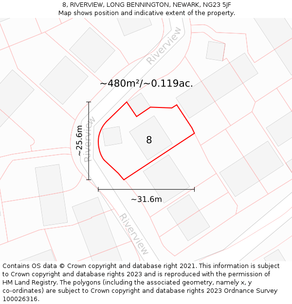 8, RIVERVIEW, LONG BENNINGTON, NEWARK, NG23 5JF: Plot and title map