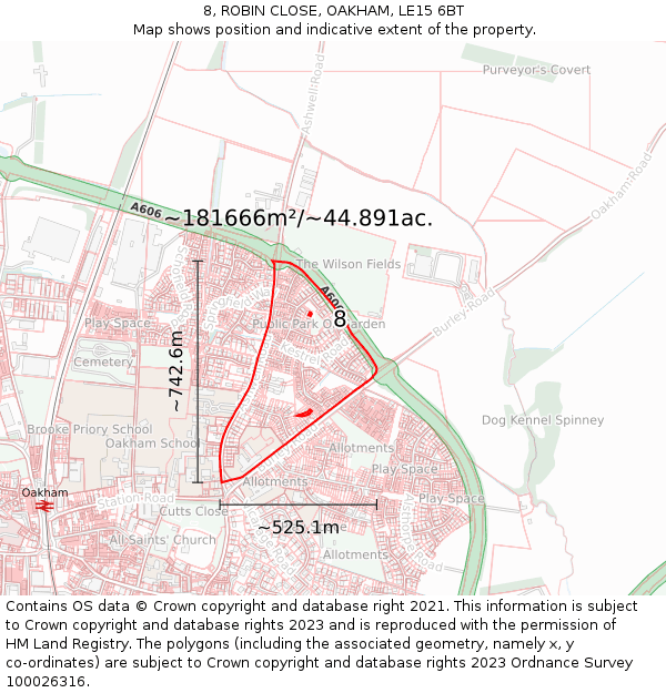 8, ROBIN CLOSE, OAKHAM, LE15 6BT: Plot and title map