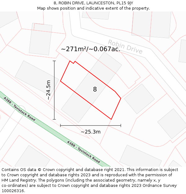 8, ROBIN DRIVE, LAUNCESTON, PL15 9JY: Plot and title map