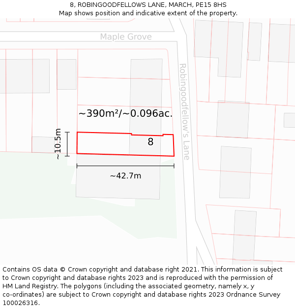 8, ROBINGOODFELLOWS LANE, MARCH, PE15 8HS: Plot and title map