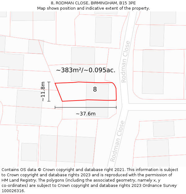 8, RODMAN CLOSE, BIRMINGHAM, B15 3PE: Plot and title map