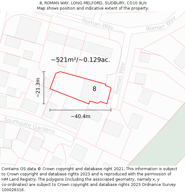 8, ROMAN WAY, LONG MELFORD, SUDBURY, CO10 9LN: Plot and title map